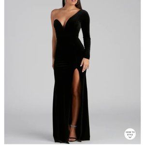 Black formal one shoulder velvet dress